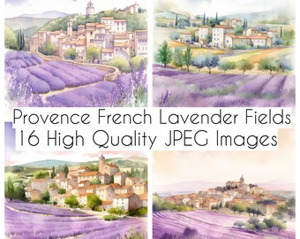 Provence French Lavender Field Clipart - 16 High Quality JPGs , Junk Journaling, Watercolor, Wall Art, Commercial Use - Digital Download