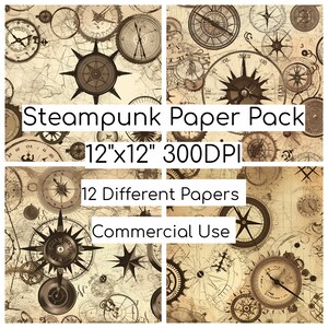 Steampunk Paper Pack, Steampunk Paper Pack Map and Compass, Digital Paper, Printable Paper Pack, Crafting Paper, Junk Journal commercial use