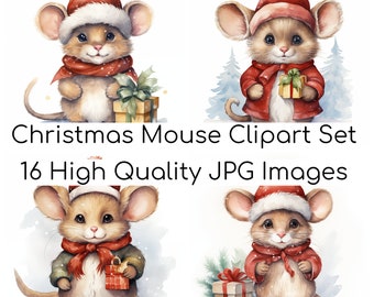 Christmas Mice Clipart Bundle  Christmas Mouse - 16 High Quality JPGs, Merry Christmas, Christmas Mice, Digital Download, Commercial License