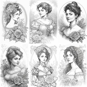 30 Beautiful Victorian Women Coloring Pages | Printable Adult Coloring Pages | Download Grayscale Illustrations| Grayscale Art