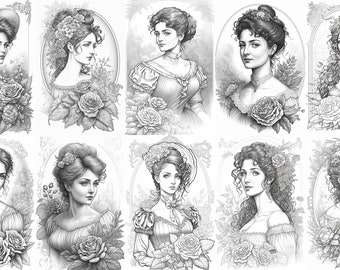 30 Beautiful Victorian Women Coloring Pages | Printable Adult Coloring Pages | Download Grayscale Illustrations| Grayscale Art