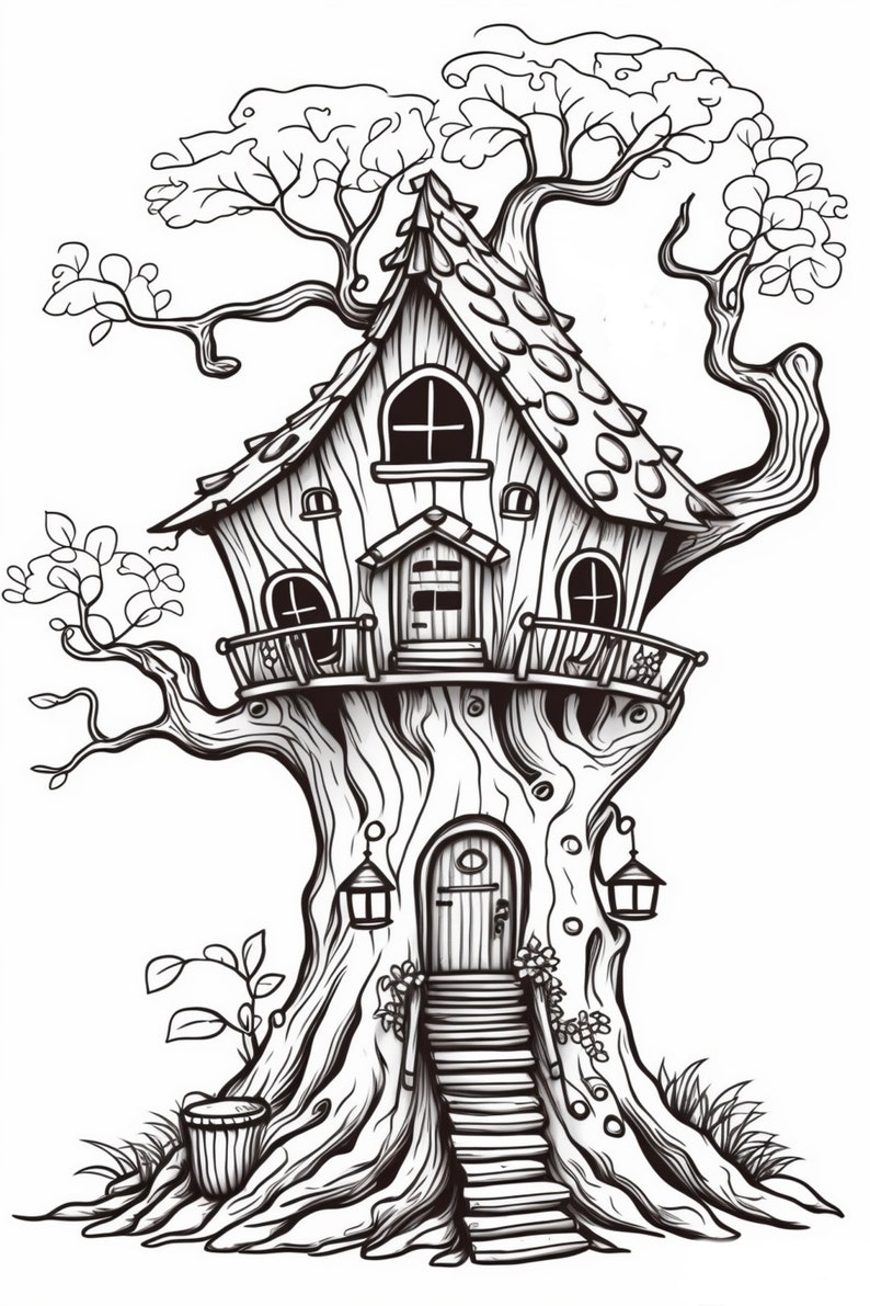 Fairy Tree House Coloring Fairy Garden Coloring Fairy Adult Coloring 10