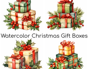May include: Four watercolor illustrations of Christmas gift boxes decorated with holly and red berries. Each box is tied with a red ribbon and bow. The text "Watercolor Christmas Gift Boxes" is written below the images.