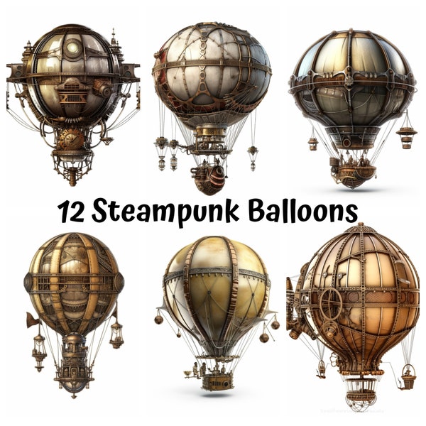 Steampunk Balloons Clipart: Digital PNG Images for Scrapbooking and Crafting