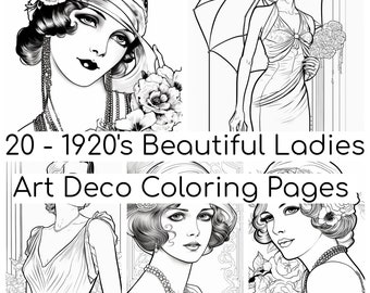 20 Beautiful 1920&#39;s Ladies  Art Deco Coloring Pages  Printable Adult Coloring Pages  Download Grayscale Illustrations Grayscale Art