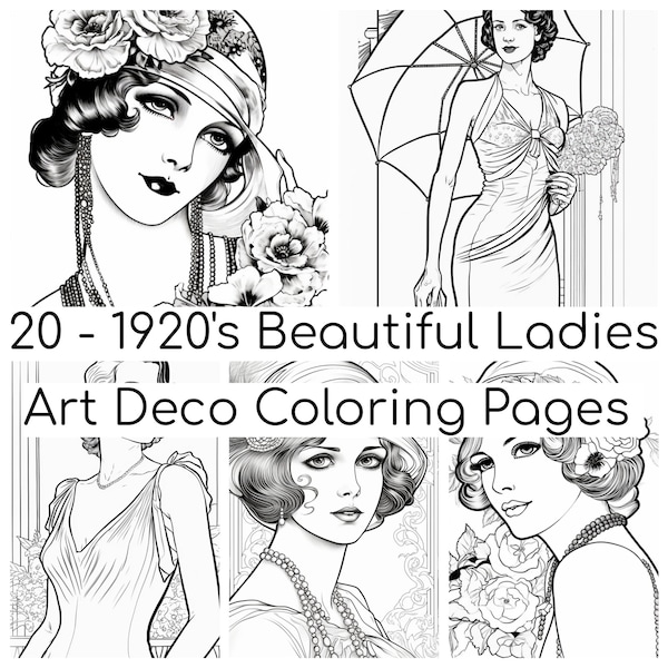 20 Beautiful 1920's Ladies  Art Deco Coloring Pages  Printable Adult Coloring Pages  Download Grayscale Illustrations Grayscale Art