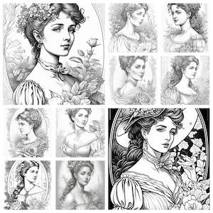 30 Beautiful Victorian Women Coloring Pages | Printable Adult Coloring Pages | Download Grayscale Illustrations| Grayscale Art | Pack 2