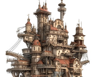 Steampunk Castles with Towers Clipart  Instant Download Digital Transparent PNG Images  Fantasy Illustrations for Scrapbooking and Crafting