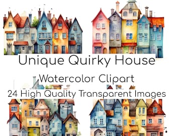 Quirky House Watercolor Clip Art,24 High Quality Transparent PNG Digital Images, Commercial Use, Digital Planner, Wall Art, Digital Download