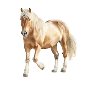 Può includere: Un cavallo palomino dorato con una lunga criniera bionda e una coda fluente. Il cavallo è in piedi su uno sfondo bianco e guarda a sinistra.