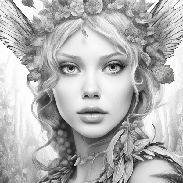 Beautiful Forest Fairy Girls Fantasy  Coloring Pages  Printable Adult Coloring Pages  Download Grayscale Illustrations Grayscale Art