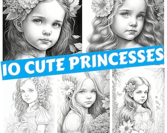 10 schattige bloemenprinsesmeisjes kleurplaten | Afdrukbare kleurplaten voor volwassenen | Grijswaardenillustraties downloaden| Grijswaarden kunst