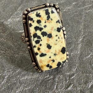 May include: A rectangular ring featuring a speckled stone with black spots on a cream background. The stone is set in a silver-toned metal frame with a beaded border. The ring has a detailed band.