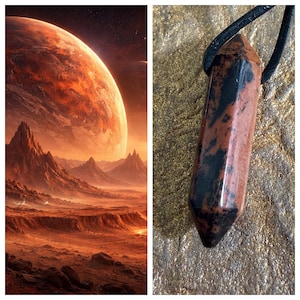 May include: A pendant necklace featuring a reddish-brown and black gemstone. The gemstone is a long, hexagonal shape, suspended from a black cord. The background is a golden, textured surface. The left side of the image shows a landscape with a planet.