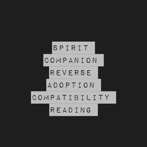 Pode incluir: Um design gráfico em fundo preto apresenta as palavras "SPIRIT", "COMPANION", "REVERSE", "ADOPTION", "COMPATIBILITY" e "READING" empilhadas. Cada palavra é impressa em letras maiúsculas pretas sobre um bloco retangular cinza claro.