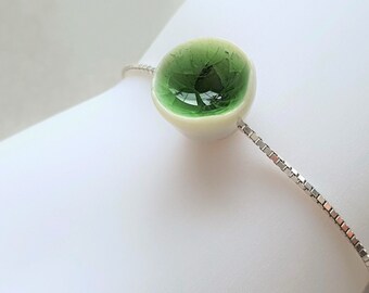 Emerald, Handmade, Porcelain & Sterling Silver, Adjustable Slider Bracelet.