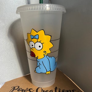 Custom Starbucks Baby Maggie Simpson Venti Size Reusable Cold Cup 24Oz With Lid And Straw.