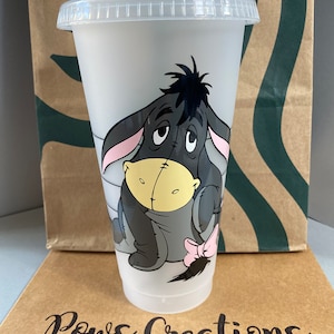 Custom Starbucks Eeyore from Winnie the Pooh Venti Size Reusable Cold Cup 24Oz With Lid And Straw.