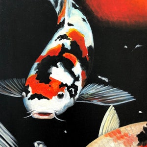 Original Koi Fisch Acrylgemälde auf Leinwand schwarzem Hintergrund