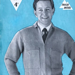 May include: Vintage Bestway Knitwear pattern A2844. The image shows a man wearing a gray zip-up sweater with two front pockets. The chest size is 44 inches. The pattern is for thick wool.