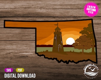 Layered Oklahoma, Grand Lake with Lighthouse, Digital Download, Glowforge Cut File, Wall Art, Silhouette, Décor, Commercial License