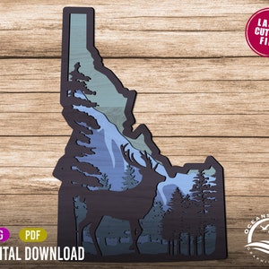 3D gelaagd Idaho-teken, digitale download, glowforge gesneden bestand, kunst aan de muur, silhouet, decor, commerciële licentie, bergen, elanden, bomen