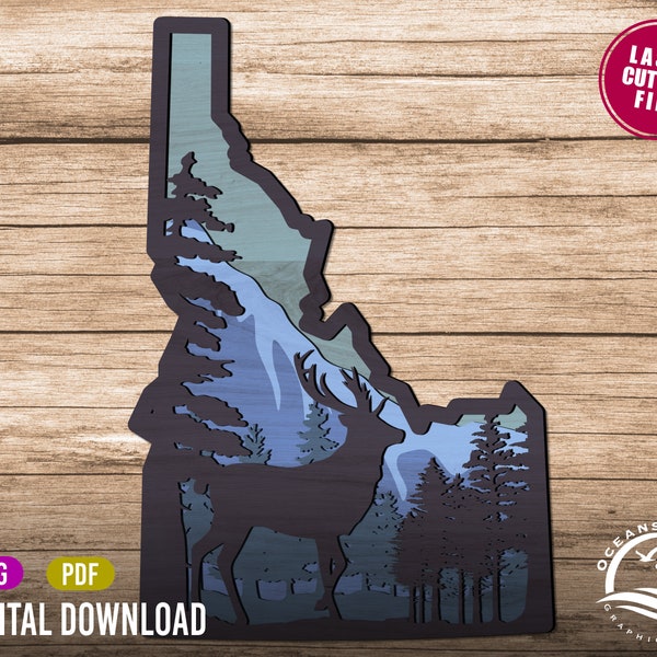 3D Layered Idaho Sign, Digital Download, Glowforge Cut File, Wall Art, Silhouette, Decor, Commercial License, Mountains,  Elk, Trees