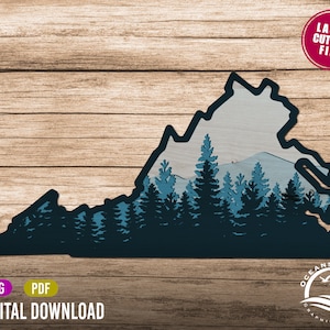 3D gelaagde Virginia State, digitale download, Glowforge cut-bestand, kunst aan de muur, silhouet, decor, commerciële licentie
