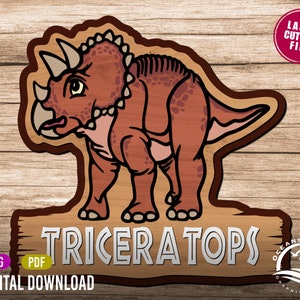 Cartello con nome per bambini Triceratops a strati 3D, Dino, Jurassic Glowforge Cut File, Silhouette, Decor, Licenza commerciale