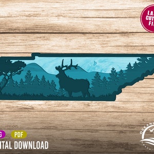 3D gelaagd teken van Tennessee, digitale download, Glowforge gesneden bestand, kunst aan de muur, silhouet, decor, commerciële licentie, bergen, elanden, bomen