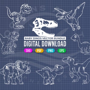 Pacote de 8 Baby Dinos Vector SVG, Dinossauros, T-rex, Triceratops, Download digital, arquivo cortado, laser, silhueta, licença comercial