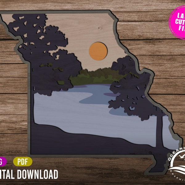 Layered Missouri State, Lake of the Ozarks, Wall Art, Digital Download, Glowforge Cut File, Wall Art, Silhouette, Décor, Commercial License