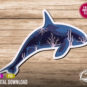 3D Layered Orca Signs, Digital Download, Glowforge Cut File, Wall Art, Silhouette, Decor, Commercial License, Killer Whale, Sea, Coral, Bath