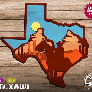 3D Layered Texas Sign, Téléchargement numérique, Glowforge Cut File, Laser, Silhouette, Cowboy, Cactus, Montagne, Décor, Licence commerciale