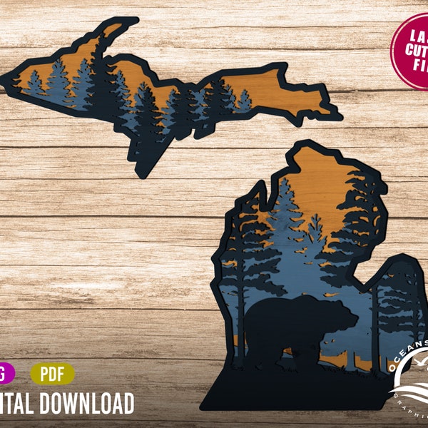 3D Layered Michigan State, Digital Download, Glowforge Cut File, Wall Art, Silhouette, Decor, Commercial License, State Sign