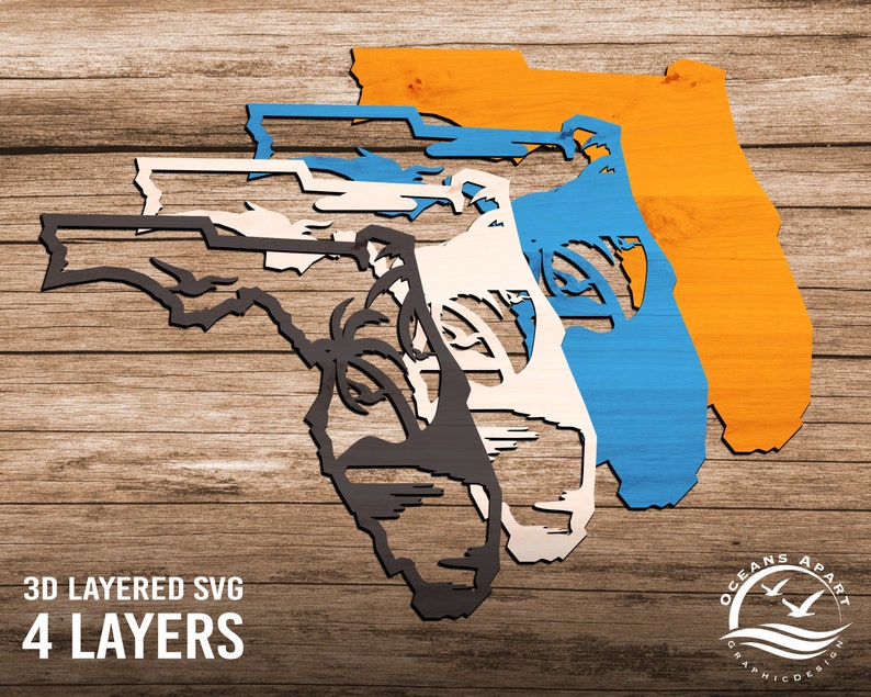 May include: Four layered SVG cut files of the state of Florida with palm trees. The layers are orange, blue, white, and black. The design is titled "3D Layered SVG 4 Layers" and includes the logo "Oceans Apart Graphic Design".