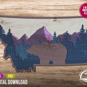 3D Layered Montana, Digital Download, Glowforge Cut File, Wall Art, Silhouette, Decor, Commercial License, Montana Landscape. Grizzly Bear