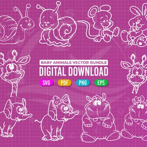 Bundle of 10 Baby Animals Vector SVG, Giraffe, Bunny, Hippo, Snail, Digital Download, Cut File, Laser, Silhouette, Commercial License