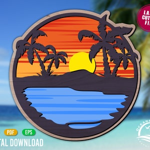 Tropisch eiland, strand, kunst aan de muur, tropisch decor, vector SVG, digitale download, bestand knippen, laser, silhouet, commerciële licentie