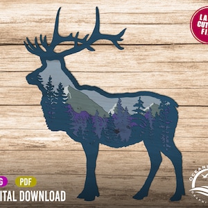 3D Layered Elk Animal Signs, Digital Download, Glowforge Cut File, Wall Art, Silhouette, Decor, Commercial License, Elk