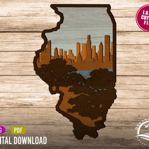 3D Layered Illinois, download digital, arquivo de corte Glowforge, arte de parede, silhueta, decoração, licença comercial, Chicago, horizonte
