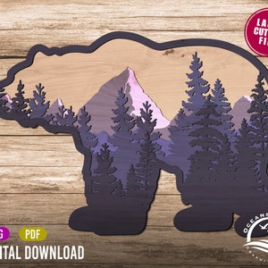 3D Layered Bear Animal Signs, Digital Download, Glowforge Cut File, Wall Art, Silhouette, Decor, Commercial License, Grizzly Bear
