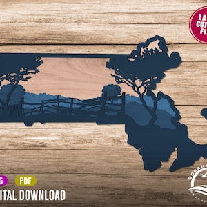 3D Layered Massachusetts, Digital Download, Glowforge Cut File, Wall Art, Silhouette, Decor, Commercial License, Landscape