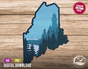 3D Layered Maine, Digital Download, Glowforge Cut File, Wall Art, Silhouette, Decor, Commercial License, New England, Lighthouse, Coast