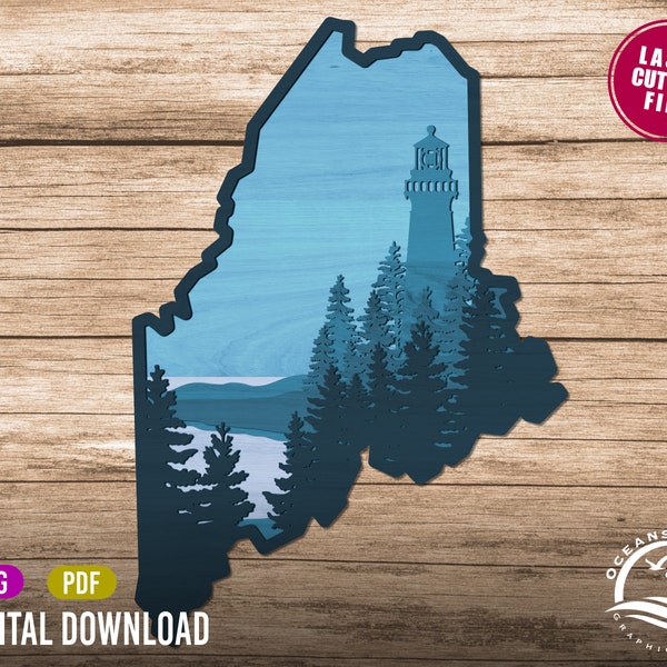 3D Layered Maine, Digital Download, Glowforge Cut File, Wall Art, Silhouette, Decor, Commercial License, New England, Lighthouse, Coast