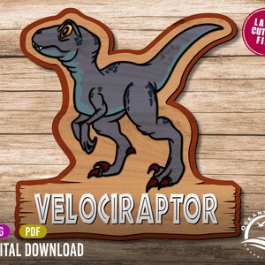 3D Layered Veliceraptor Dinosaur Kids Name Sign, Jurassic Glowforge Cut File, Silhouette, Decor, Licenza commerciale