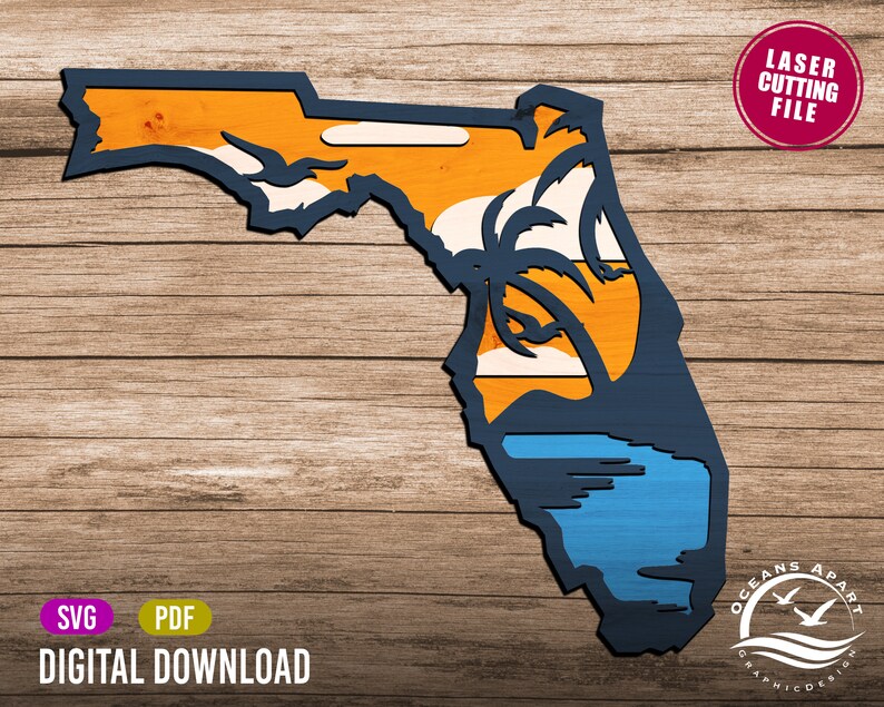 May include: A laser cutting file of the state of Florida with a sunset and palm trees design. The file is for digital download and includes SVG and PDF formats. The text "Oceans Apart Graphic Design" is in the lower right corner.