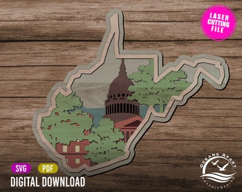 West Virginia Wall Art, 3D, Layered, Digital Download, Glowforge Cut File, Charleston, Silhouette, Decor, Commercial License