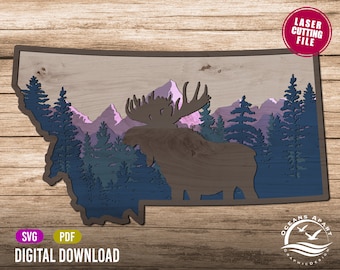 3D Layered Montana, Digital Download, Glowforge Cut File, Wall Art, Silhouette, Decor, Commercial License, Montana, Elk