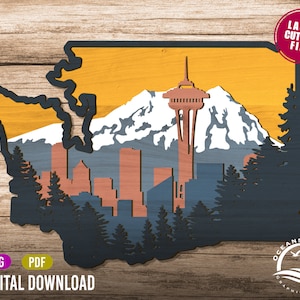 3D Seattle Washington Schild, Digitaler Download, Glowforge Cut Datei, Wandkunst, Silhouette, Dekor, Kommerzielle Lizenz